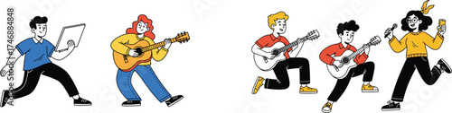 Dynamic Musicians Performing Live Music Concert with Energy and Passion, Featuring Guitarists and Singer in Cartoon Style for Entertainment, Arts, and Culture Presentations, Modern Design, Creative Pr