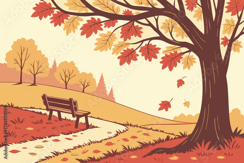  autumn forest, wooden bench, fallen leaves, vibrant colors, warm tones, cozy atmosphere, nature scene, serene landscape, scenic view, tranquil setting