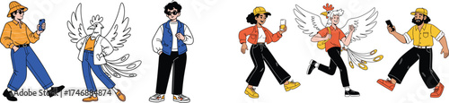 Trendy People Walking & Running with Bird Wings Mascot Costumes in Urban Setting: Modern Lifestyle Characters in Casual Fashion for Presentation, Marketing, Business Communication & Youth Culture Illu