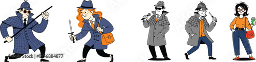 Ensemble of Detectives Investigating Clues in Urban Settings, Illustrating Mystery, Intrigue, and Investigation for Entertainment, Marketing, and Web Content, Featuring Vintage and Modern Styles, Prof