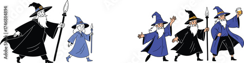 Fantasy Wizards Walking Together, Embarking on Magical Journey through Enchanted Forest, Illustration for Children's Book, Storytelling, and Digital Art, Featuring Cartoon Figures, Adventure, Fellowsh