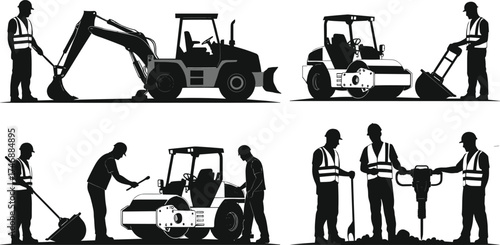 Construction workers silhouettes, road roller, excavator, jackhammer, teamwork, safety vest, hard hat, heavy equipment, road repair, teamwork illustration, Christmas zombie