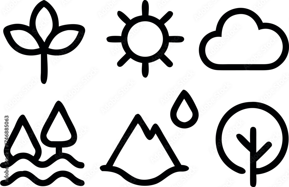 Fototapeta premium Minimal Nature and Tree Icon Set with Eco Elements – Line Style Environmental Symbols