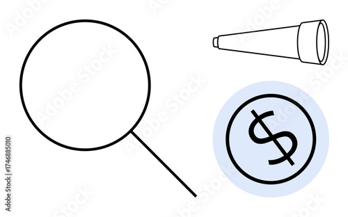Magnifying glass, telescope, and dollar icon illustrating financial analysis, goal setting, foresight, research, investment, strategy business planning. Ideal for simple flat metaphor