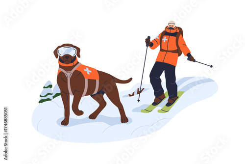 Dog, ski patrol in mountain, snow winter. Trained canine animal rescuer at service, work, rescuing help in emergency, helping in search. Flat vector illustration isolated on white background.