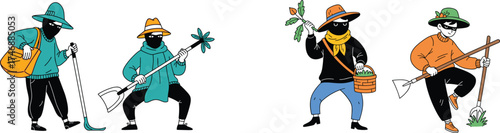 Mysterious Gardeners Harvesting Crops, Cultivating  Plants, with Gardening Tools in Whimsical Setting,  Conceptual for Eco-Friendly Lifestyle, Sustainable Living, Agriculture,  Nature Illustration in