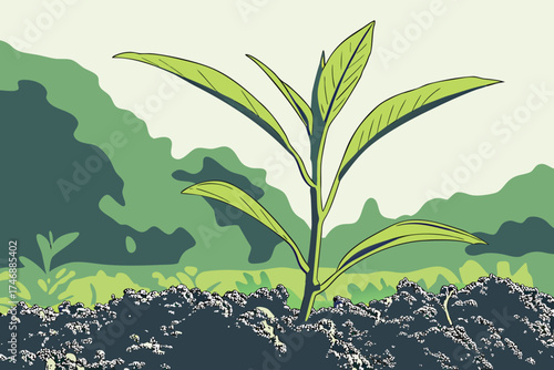  A young green plant shoot growing from fertile soil, with lush foliage in a blurred natural background, environmental conservation, organic farming, sustainable agriculture, macro photography