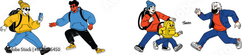 Diverse Group Walking with Backpacks: Friends and Family on an Adventure Illustration in Vibrant Colors - Expressing Joy, Travel, and Exploration for Educational, Business, or Healthcare Project. Mode