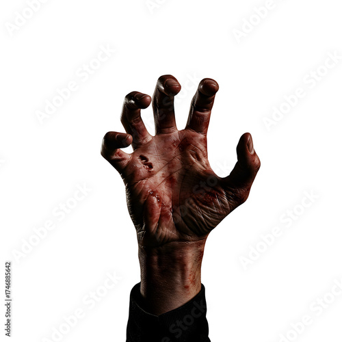 Reaching hand covered in blood rising from darkness concept image