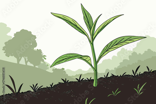  A young green plant shoot growing from fertile soil, with lush foliage in a blurred natural background, environmental conservation, organic farming, sustainable agriculture, macro photography