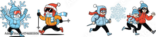 Cartoon Skiers Running from Winter Weather in Snowy Landscape, Fleeing Blizzard Cartoon Illustration, Winter Sports Adventure, Cartoon Artwork for Children's Book, Animated Characters Fleeing Cartoon