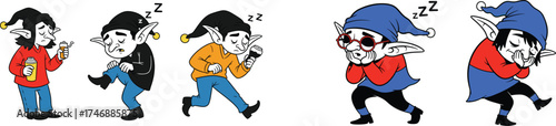 Drowsy Cartoon Gnomes Drifting Off to Sleep, Sipping Drinks, Inebriated Goblins in Various Stages of Drowsiness, Isolated Characters with Pointed Hats, Beverage Consumption for Children's Story Illust