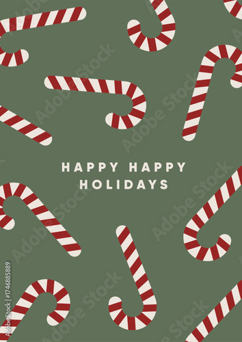 Happy holiday, greeting card design with candy cane frame. Christmas and New Year, festive poster with sweet treat, peppermint stick pattern. Newyear postcard with typography. Flat vector illustration