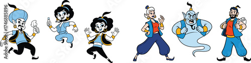 Animated Cartoon Genies and Characters in Various Poses and Styles for Children's Illustration Projects, Fantasy Storytelling, Comic Book Designs, Graphic Novels, Magical Adventures, Fun, Modern, Vect