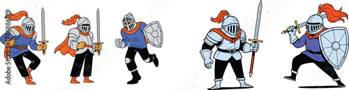 Cartoon Knights in Action: Medieval Warriors with Swords and Shields, Engaged in Battle, Protecting Kingdoms, Fantasy Illustration, Traditional, Comic Style, Digital Art for Gaming, Storytelling, Anim