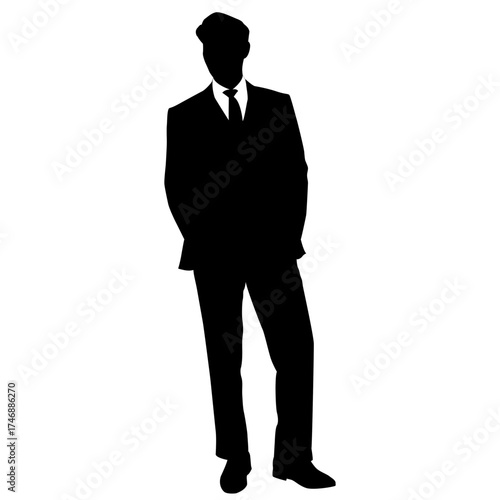 silhouette of a well dressed businessman standing with both hands in his pockets.