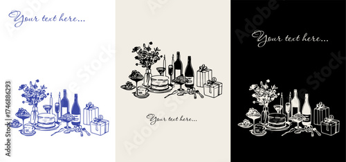 Merry Christmas Card - minimalist hand drawn food and drink vector illustration. Wine, champagne glass, cheese, cake drawings for wedding invitations, menus and parties. Ink doodle sketch style