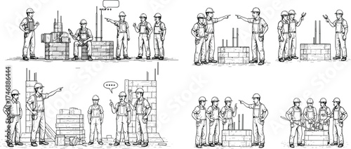 Construction workers teamwork discussion site safety planning communication collaboration building teamwork architecture industry labor teamwork management Christmas zombie illustration design