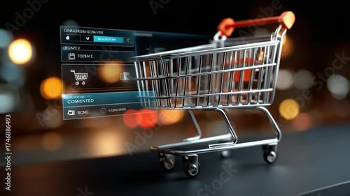 Online Shopping Cart: A metallic shopping cart hovers against a blurry city backdrop, enhanced by a holographic interface, symbolizing modern digital retail and effortless online purchasing.