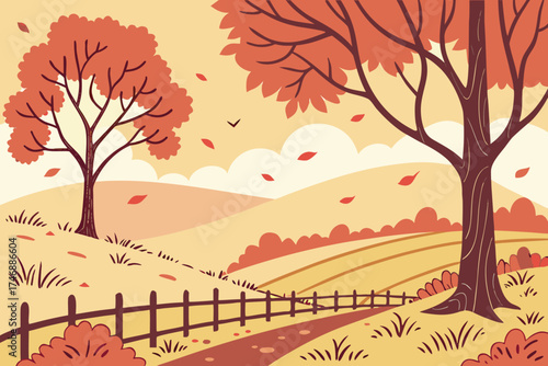  autumn landscape, colorful trees, rolling hills, wooden fence, falling leaves, nature, digital art