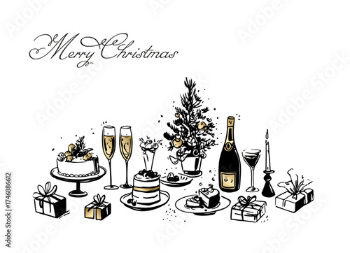 Merry Christmas Card - minimalist hand drawn food and drink vector illustration. Wine, champagne glass, cheese, cake drawings for wedding invitations, menus and parties. Ink doodle sketch style