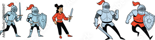 Animated Knights and Woman with Sword Prepare for Battle in Cartoon Style, Retro Comic Book Illustration for Fantasy Game, Medieval Adventure Story, Historical Education, Fighting Tournament, Digital