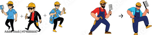 Cartoon Construction Workers Team Assembly and Transformation: Conceptual Illustration of Building Crew Coming Together and Evolving, Featuring Hard Hats, Tools, and Blue Overalls, Representing Labor,
