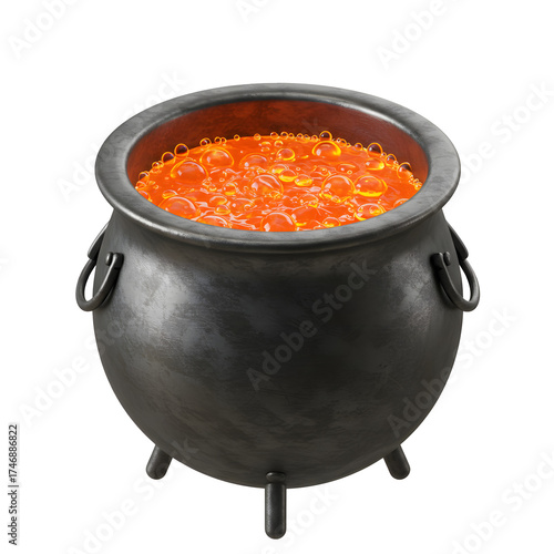 Cauldron Bubbling with Orange Liquid for Fantasy or Holiday Concept