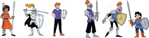 Diverse Group of Cartoon Characters Posing as Knights and Commoners with Swords, Shields and Spear in a Whimsical Setting for Children's Storybooks, Comics, Education and Role-Playing Games, Modern Ve