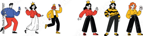 Diverse Group of Stylish People Posing with Smartphones, Wearing Crowns in a Modern Urban Setting, Capturing Moments, for Social Media Marketing and Technology Illustrations, Business Communication, F