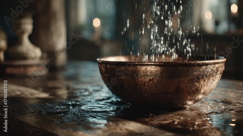 Water droplets fall into an antique bowl on a wooden table