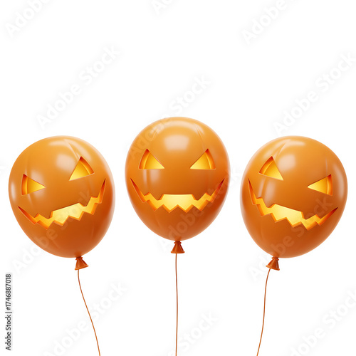 Three Orange Jack-o'-lantern Balloons Glowing on Transparent Background Celebrating Halloween