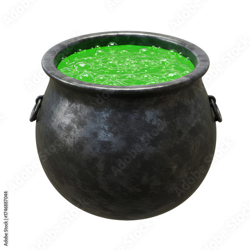 Cauldron Brewing Green Potion with Bubbles on Transparent Background