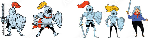 Cartoon Knights with Swords and Shields Ready for Battle, Medieval Warriors in Armor Defending the Realm, Brave Knights on a Quest for Adventure, Fantasy Figures for Children's Storybooks, Animated Kn