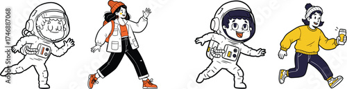 Diverse Group Running with Optimism and Determination: Astronauts and Students Racing Forward in a Modern Educational Pursuit, Illustrating Teamwork, Motivation, Youthful Energy and Space Exploration