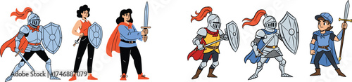 Medieval Knights and Warriors Preparing for Battle, Cartoon Style Illustration with Swords, Shields and Armor Ready for Adventure. Fantasy Costume Characters for Game, Fantasy Novel, Graphic Design, I