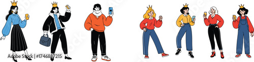 Diverse Group of People Wearing Crowns Holding Devices and Drinks in a Modern Illustration Style Celebrating Success and Achievement in the Business World Using Technology for Communication and Connec