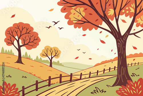  autumn landscape, colorful trees, rolling hills, wooden fence, falling leaves, nature, digital art