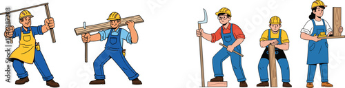Diverse Construction Workers Cartoon Character Set Posing with Lumber and Tools on White Background for Carpentry Trades Presentation, Renovation Project, Woodwork, Skilled Crafts, Labor, Professions,