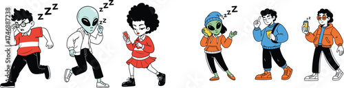 Sleepy People and Aliens Walking with Phones Illustration: Exhausted Characters Stumbling Around, Using Mobile Devices in Urban Setting, Emphasizing Distraction, Modern Lifestyle, Comic Style Art for