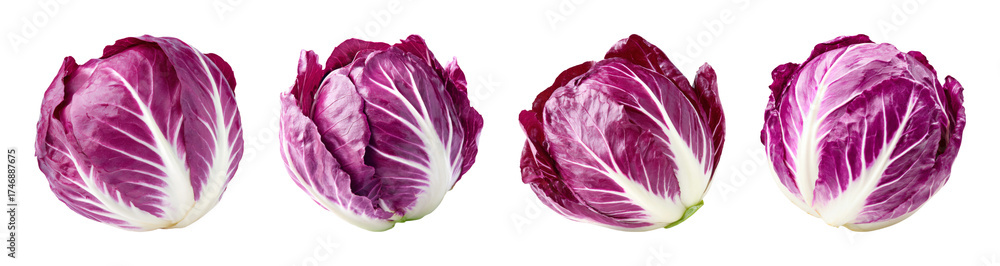 Obraz premium Vibrant radicchio vegetable, showcasing deep purple and white patterns, isolated on black, perfect for healthy eating and culinary design PNG set with transparent background