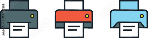 Colorful Set of Printer Icons for Office Use and Design Projects Vector Illustration