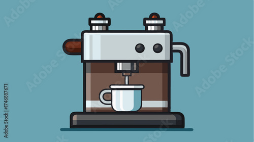 An illustration of a classic espresso machine complete with portafilter steam wands and shiny metal surfaces reflecting light.