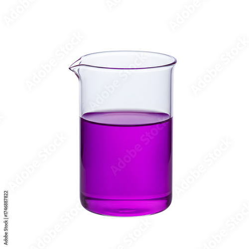 Holding purple liquid in clear glass laboratory beaker on black