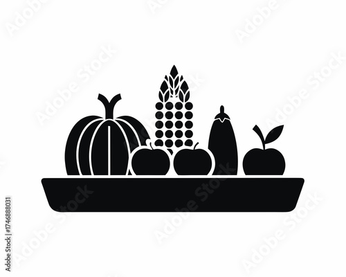 Autumn harvest still life composition icon, seasonal silhouette vector illustration