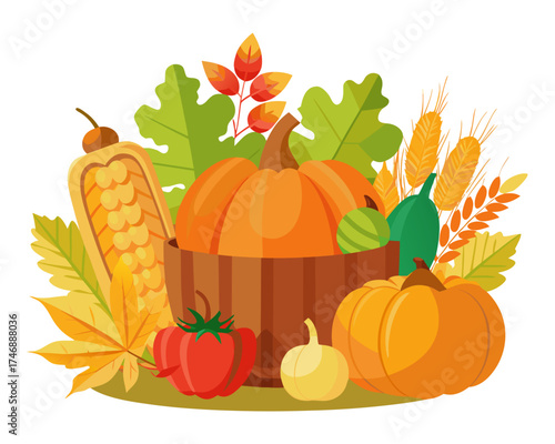 Autumn harvest still life composition, seasonal vector isolated on white background