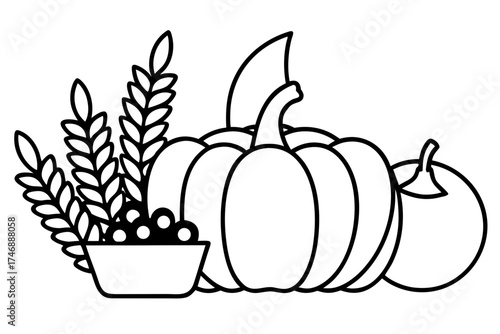 line art Autumn harvest still life composition, seasonal silhouette vector illustration