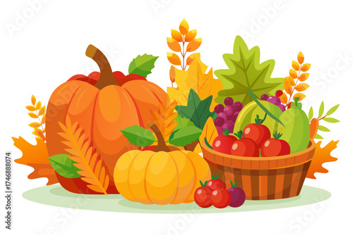 Autumn harvest still life composition, seasonal vector isolated on white background