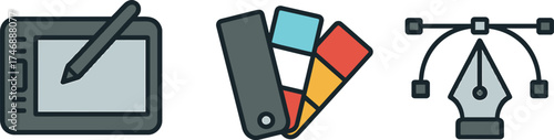 Digital Art and Design Tools for Creative Professionals Graphic Tablet Color Palette and Pen Tool Vector Illustration