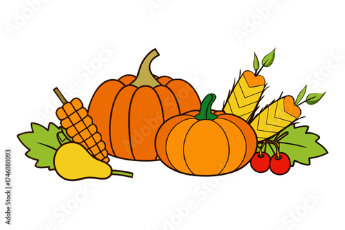 Autumn harvest still life composition, seasonal vector isolated on white background